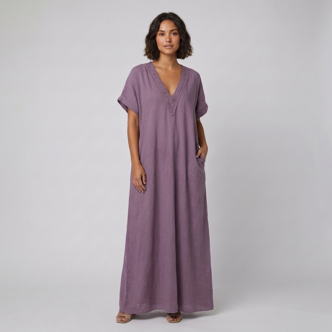 Riva purple lace kaftan maxi dress on model