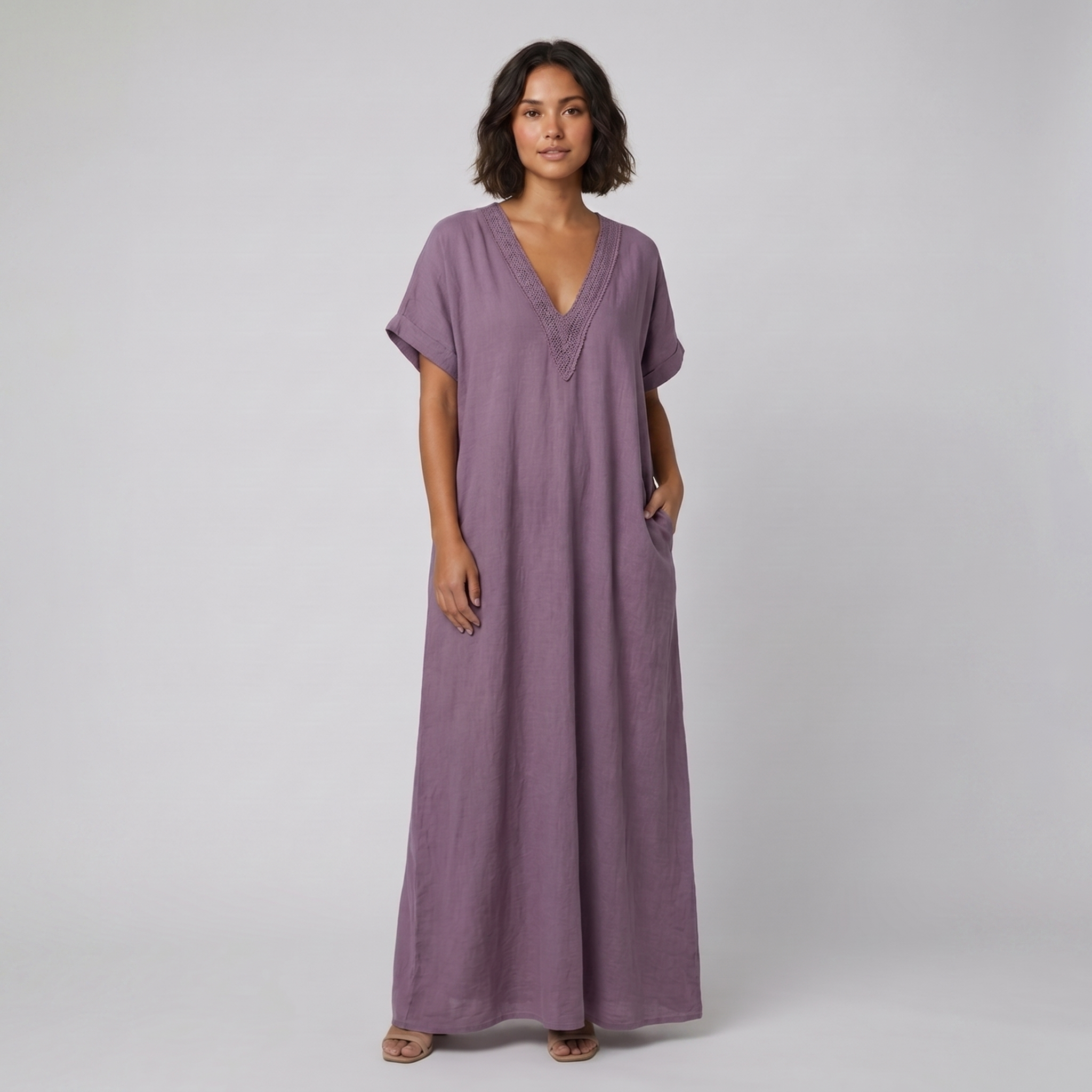 Riva purple lace kaftan maxi dress on model
