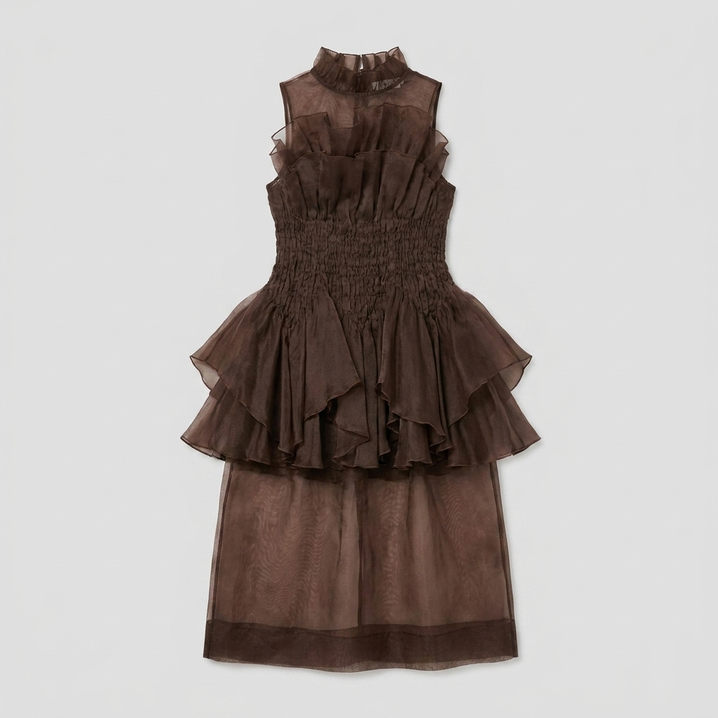 Aveline chocolate organza ruffled dress product flat-lay