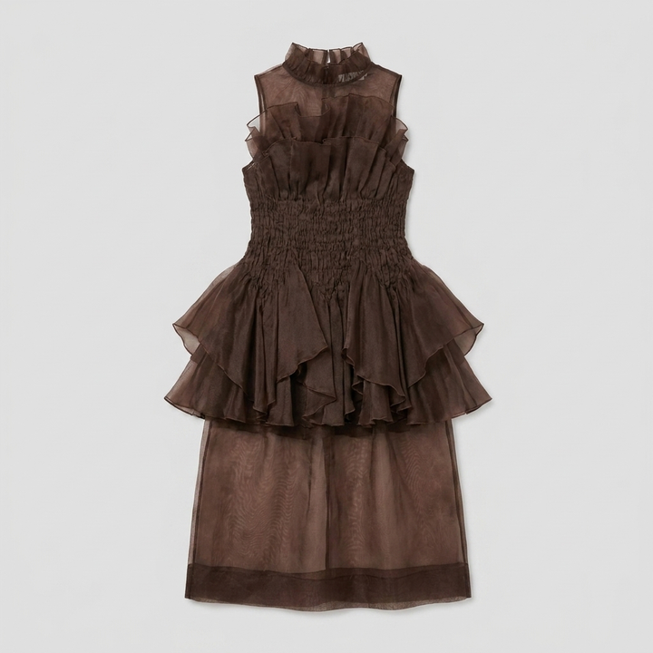 Aveline chocolate organza ruffled dress product flat-lay