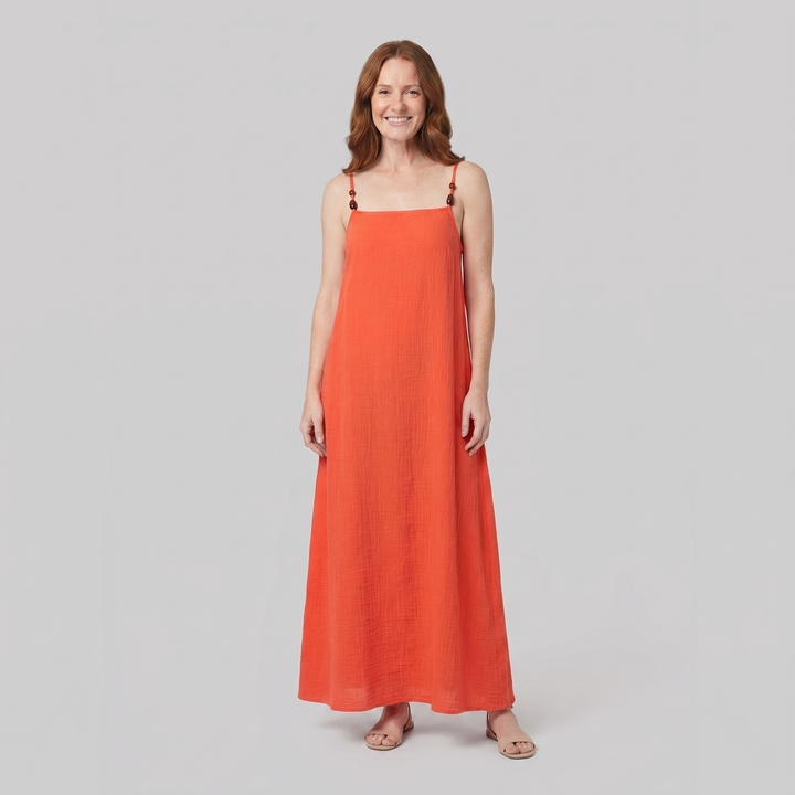 Liora flame orange gauze cover-up maxi dress on model