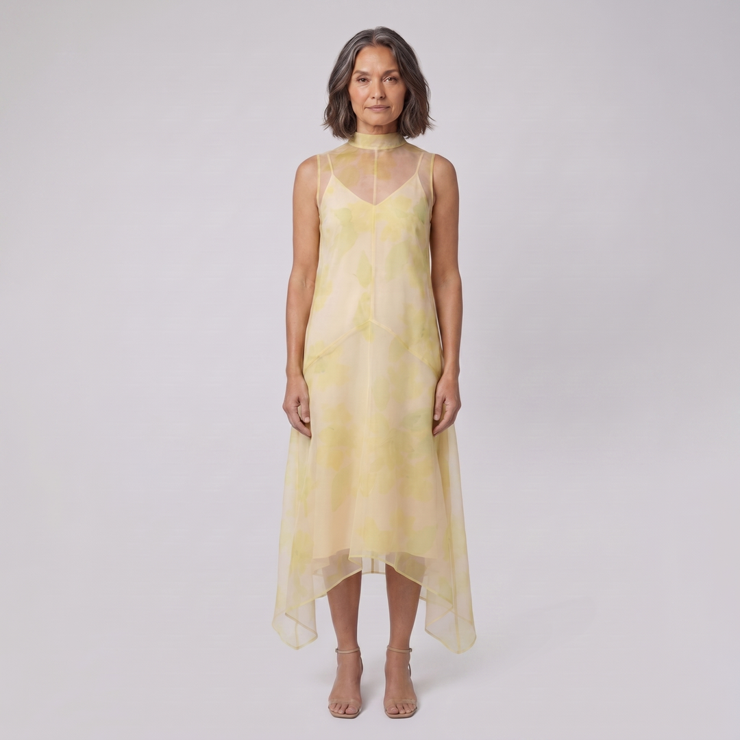 Auden lemon organza high-low midi dress on model