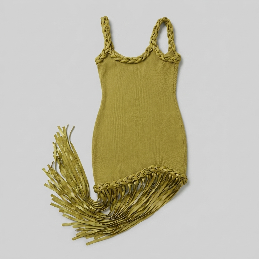 Rivara olive knit fringe dress product flat-lay