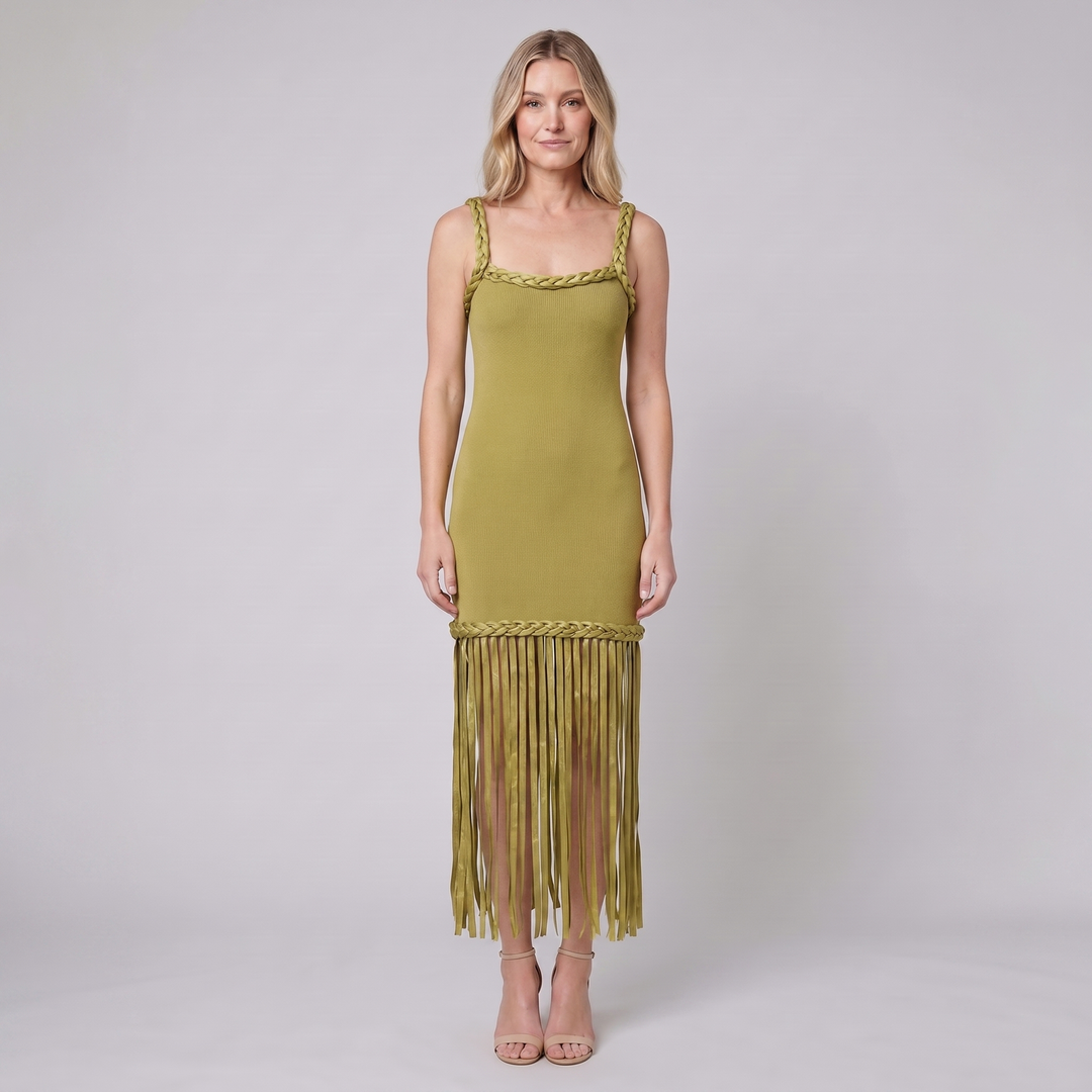 Rivara olive knit fringe dress on model