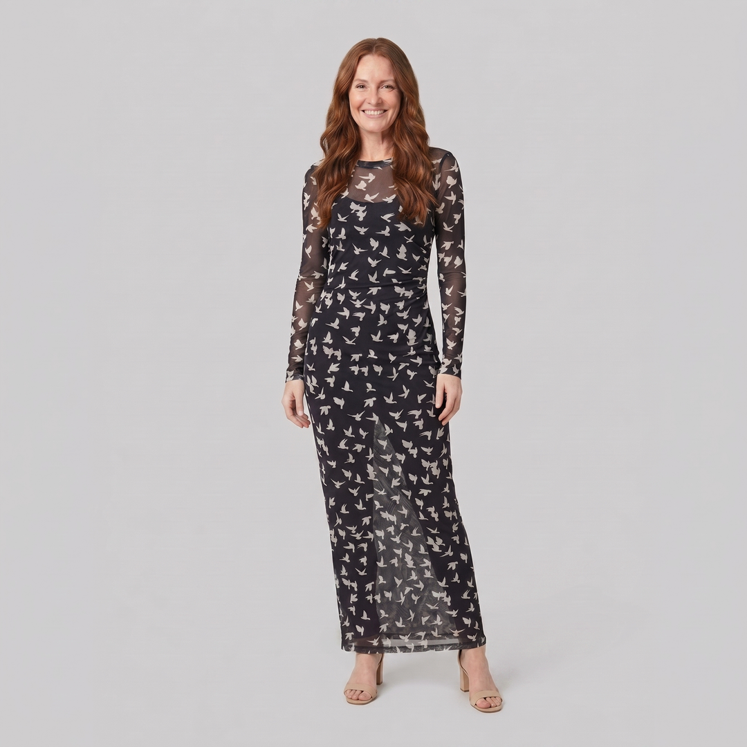 Sienna Women's Dress zwart vogelprint - model