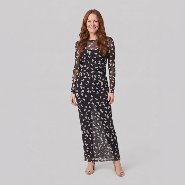 Sienna Women's Dress zwart vogelprint - model