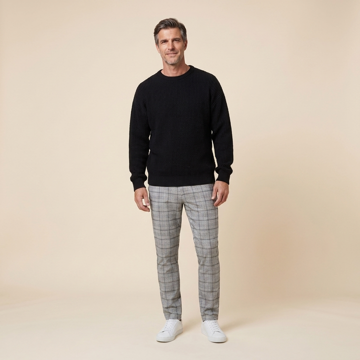 Kenton men's waffle-knit sweater black front on model