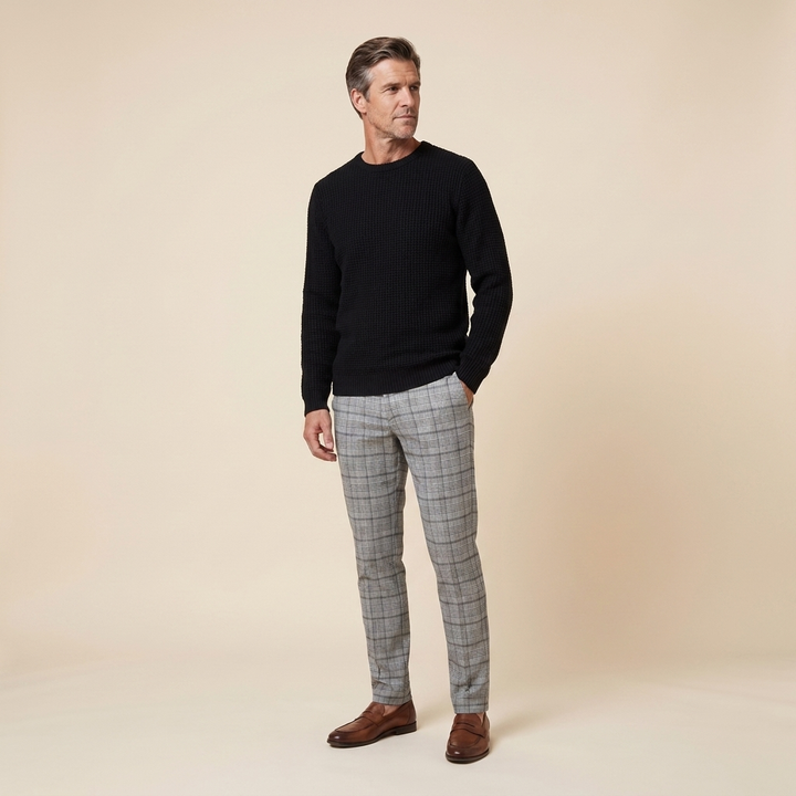 Kenton men's waffle-knit sweater black three-quarter pose on model