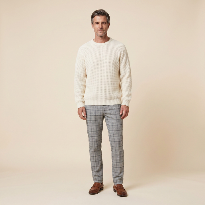 Kenton men's waffle-knit sweater cream white front on model
