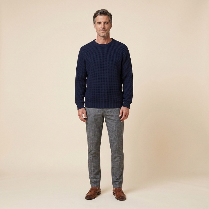 Kenton men's waffle-knit sweater navy blue front on model