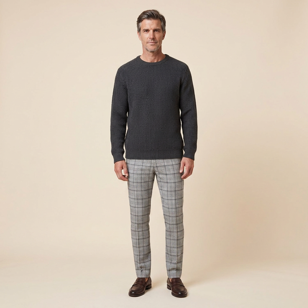 Kenton men's waffle-knit sweater charcoal gray front on model