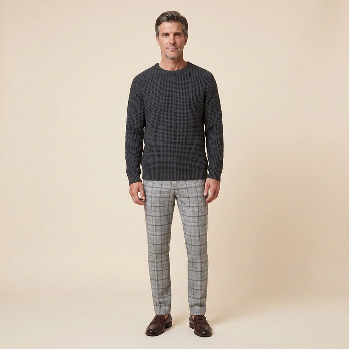 Kenton men's waffle-knit sweater charcoal gray front on model