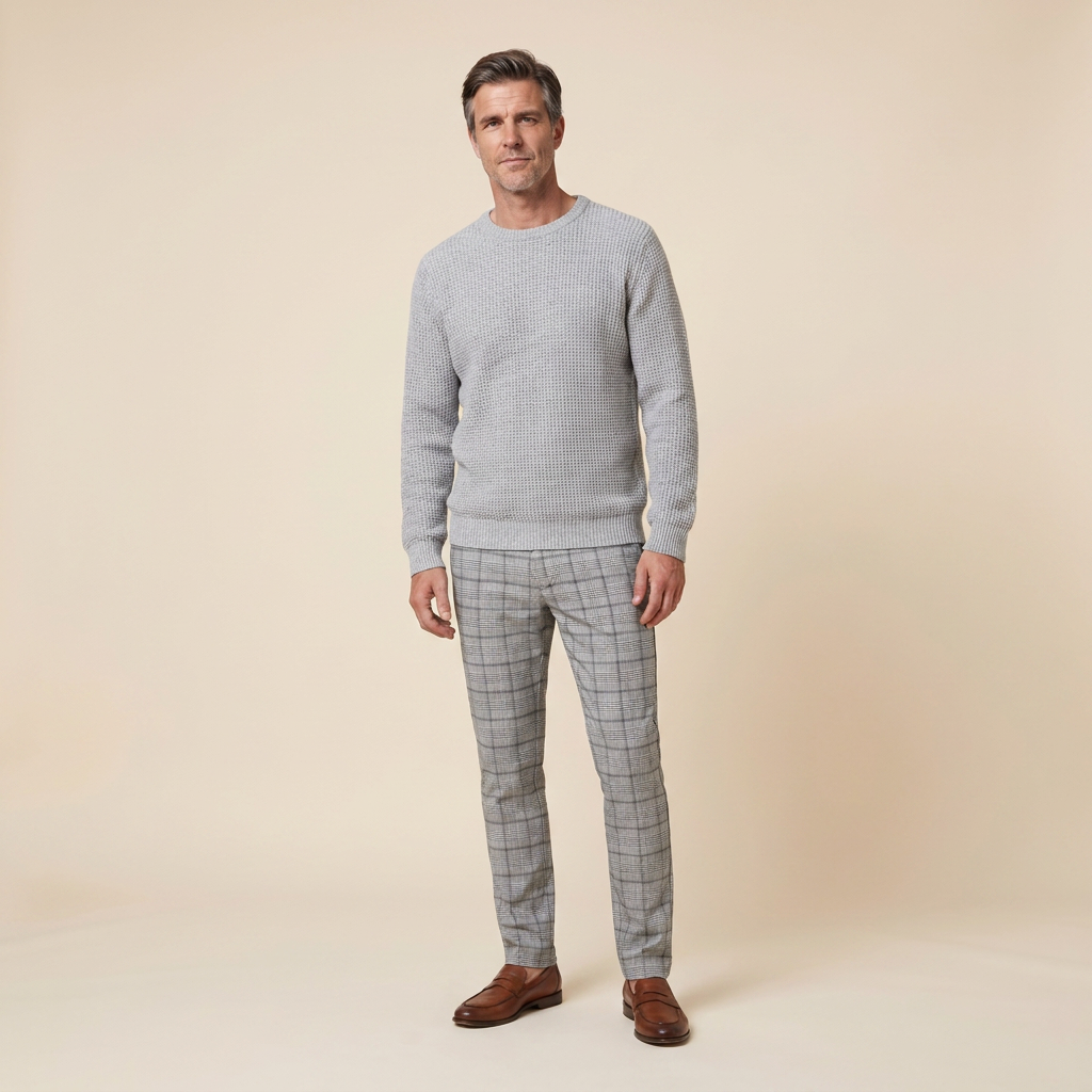 Kenton men's waffle-knit sweater light gray front on model