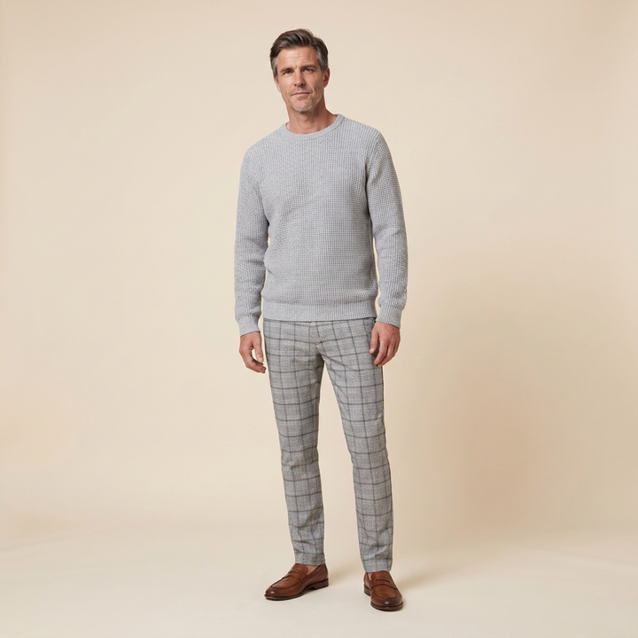 Kenton men's waffle-knit sweater light gray front on model