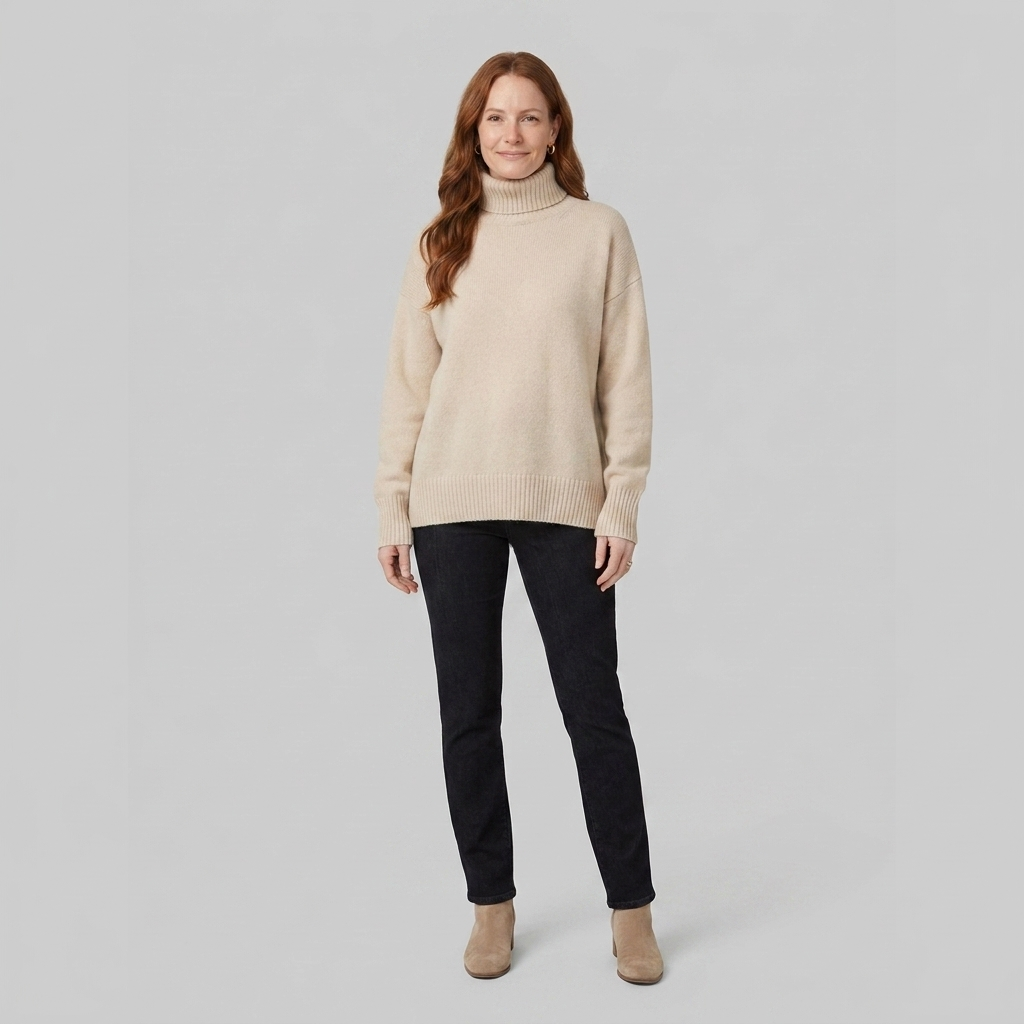 Liora cashmere turtleneck beige front on model