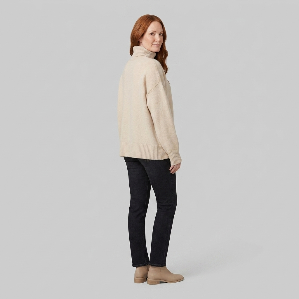 Liora cashmere turtleneck beige side back on model