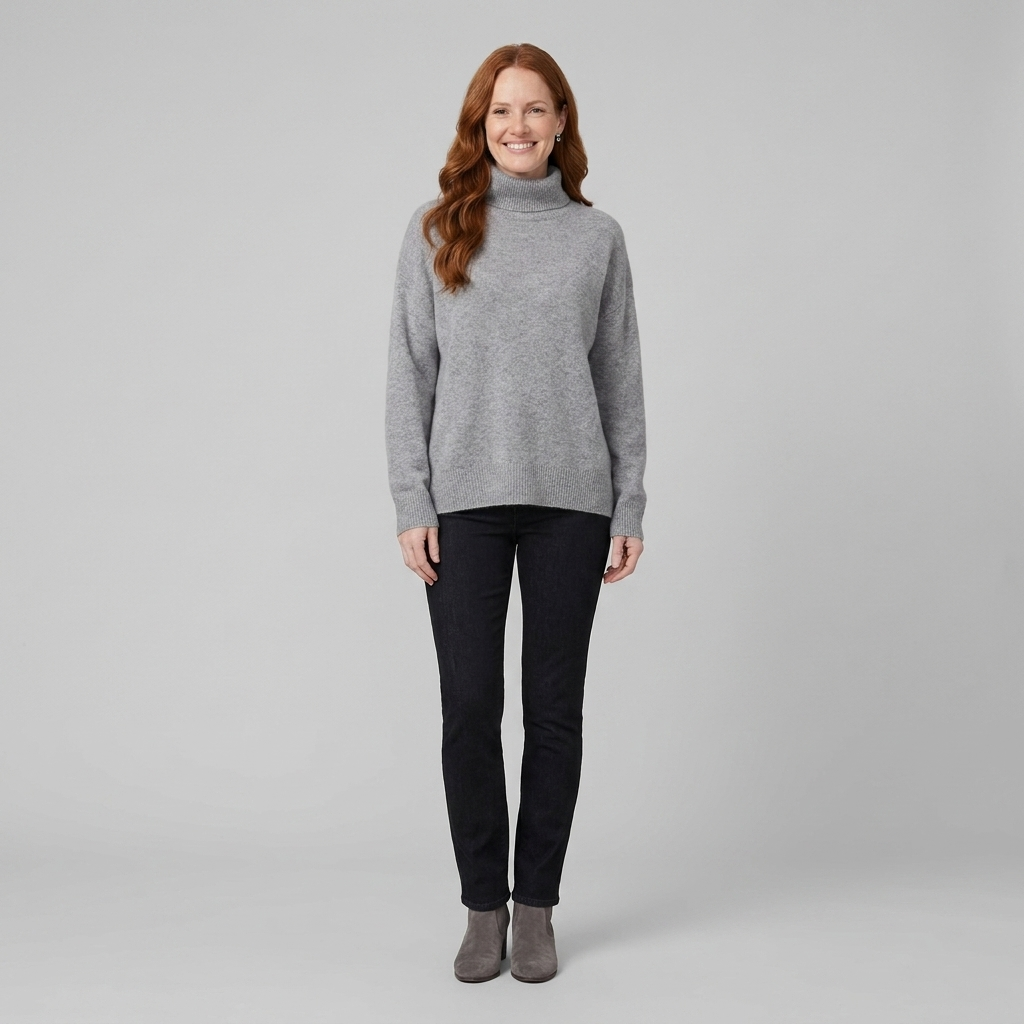 Liora cashmere turtleneck gray front on model