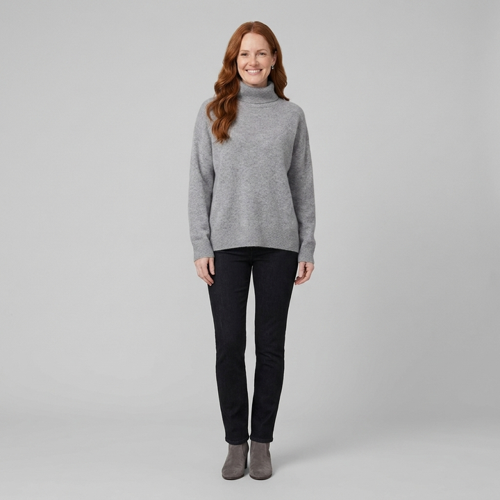 Liora cashmere turtleneck gray front on model