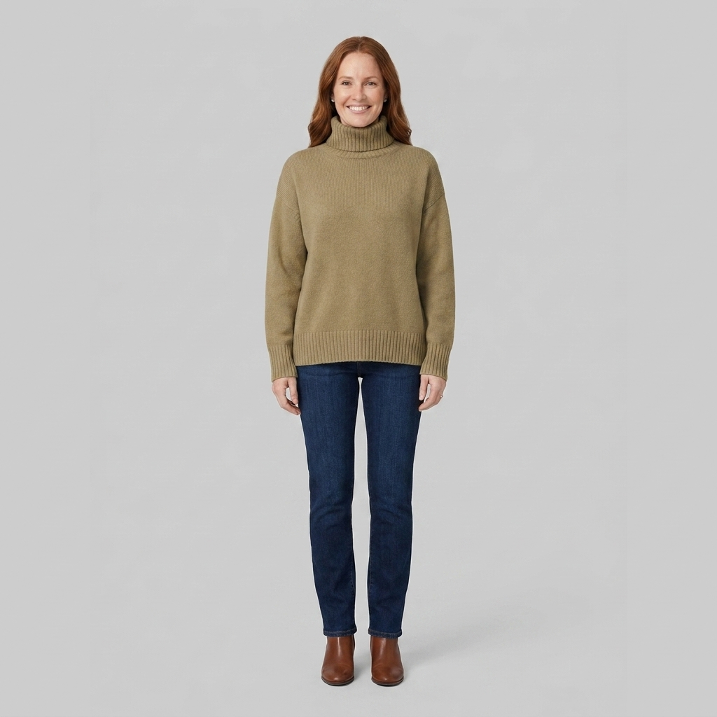 Liora cashmere turtleneck khaki front on model