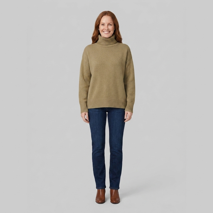 Liora cashmere turtleneck khaki front on model