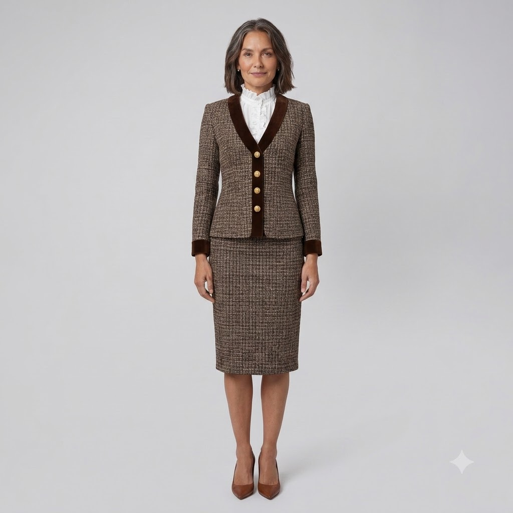 Talia brown tweed suit front on model