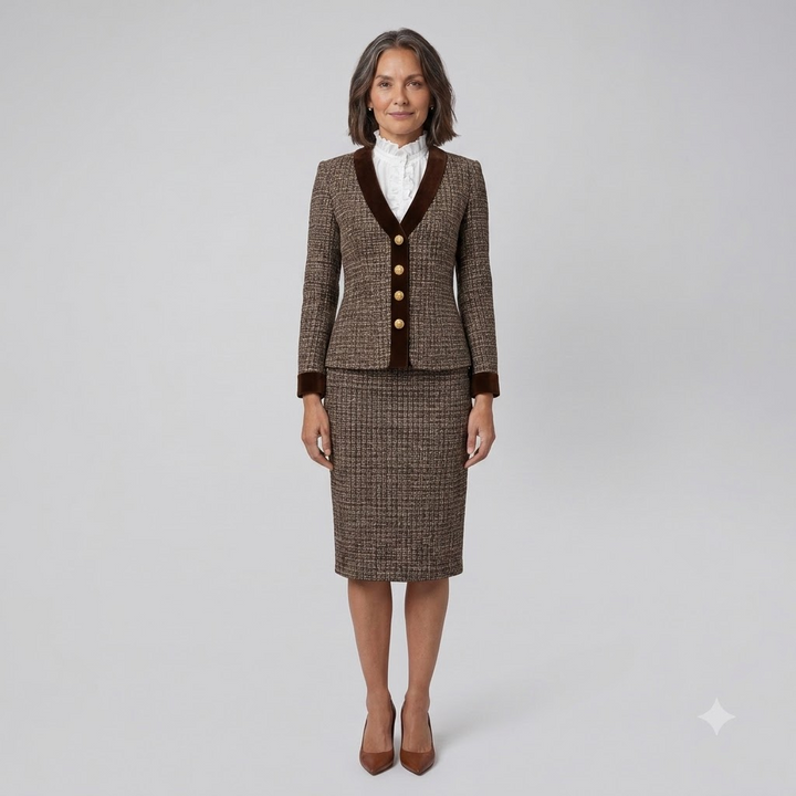 Talia brown tweed suit front on model