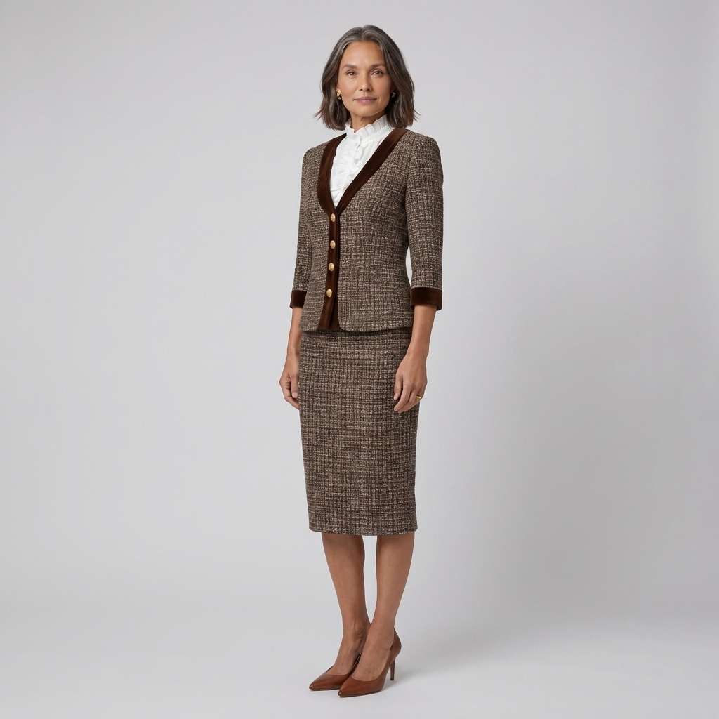 Talia brown tweed suit three-quarter pose on model