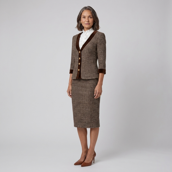 Talia brown tweed suit three-quarter pose on model