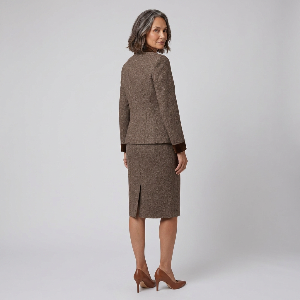 Talia brown tweed suit back on model