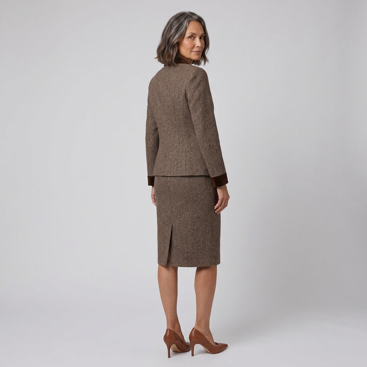 Talia brown tweed suit back on model