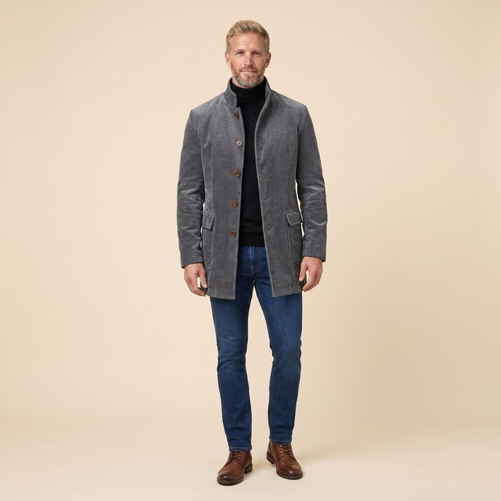 Jasper corduroy coat grey front on model
