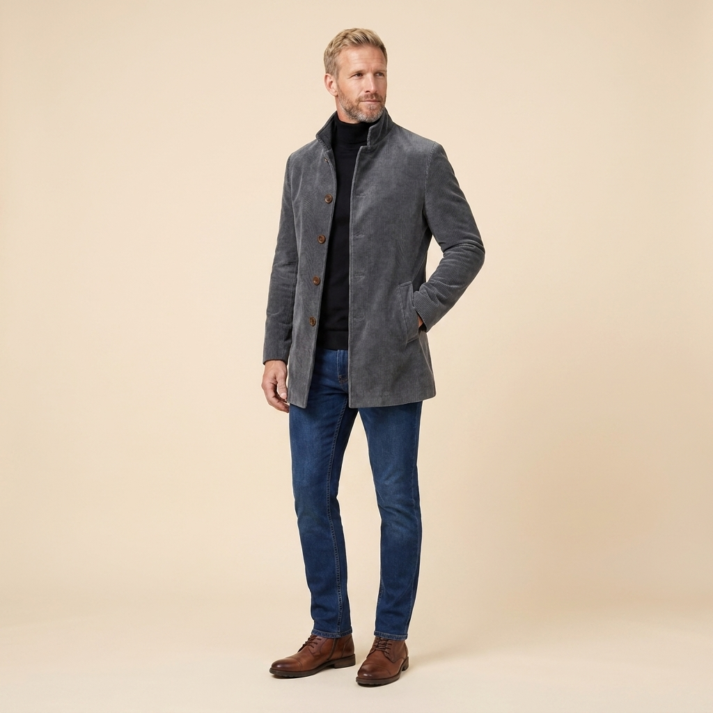Jasper corduroy coat grey three-quarter pose on model