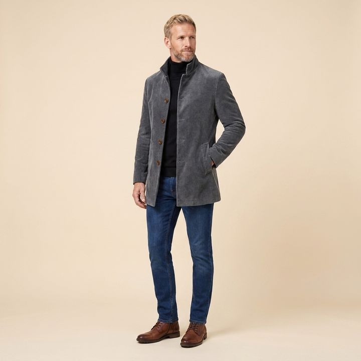 Jasper corduroy coat grey three-quarter pose on model