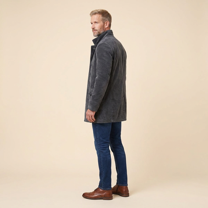 Jasper corduroy coat grey side back on model