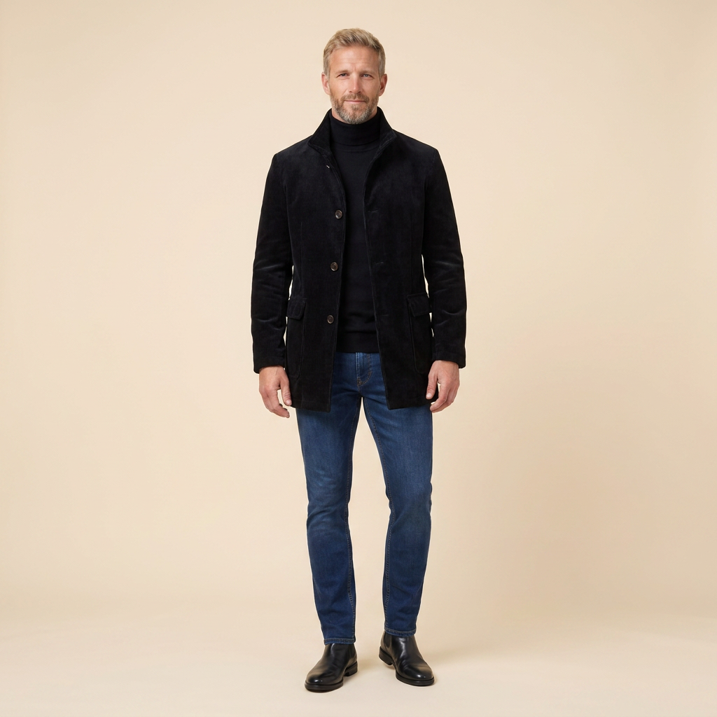 Jasper corduroy coat black front on model