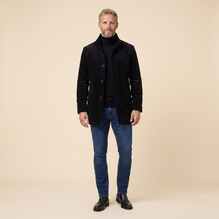 Jasper corduroy coat black front on model