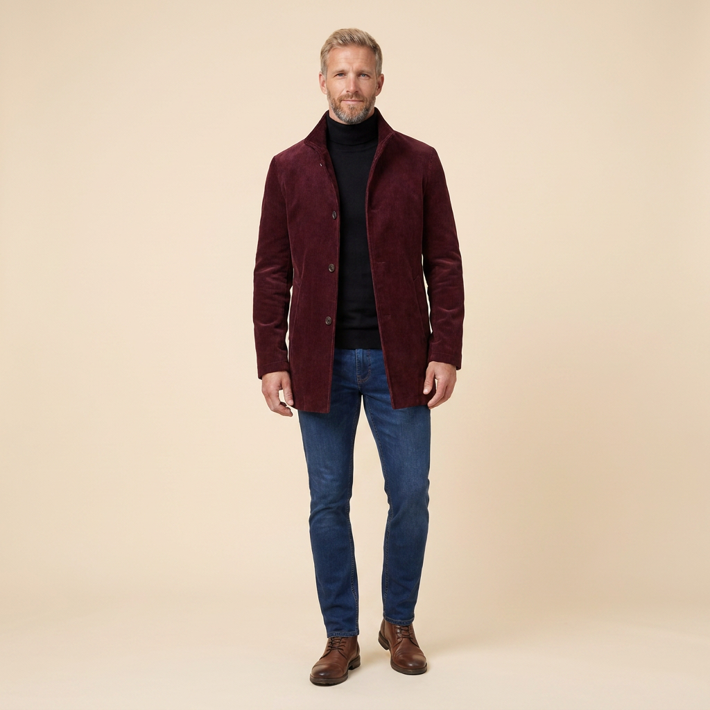 Jasper corduroy coat burgundy front on model