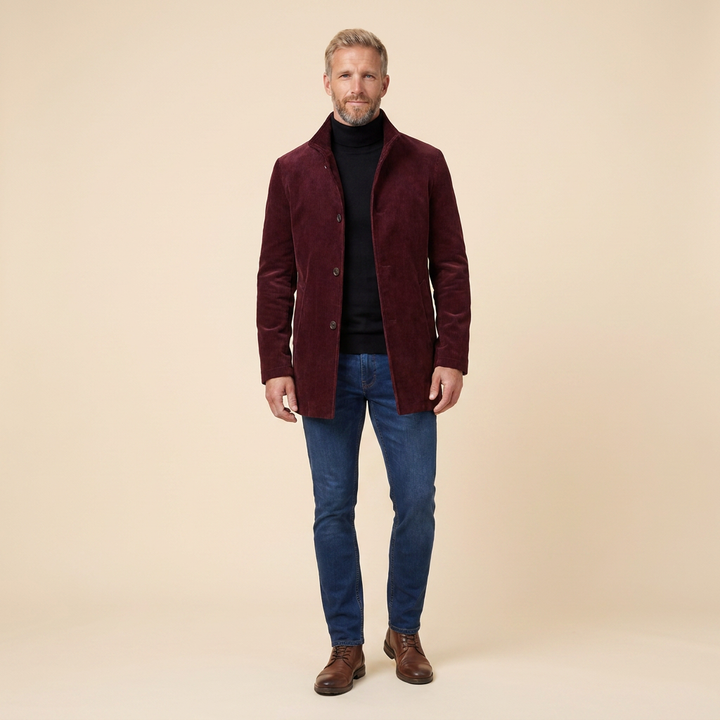 Jasper corduroy coat burgundy front on model