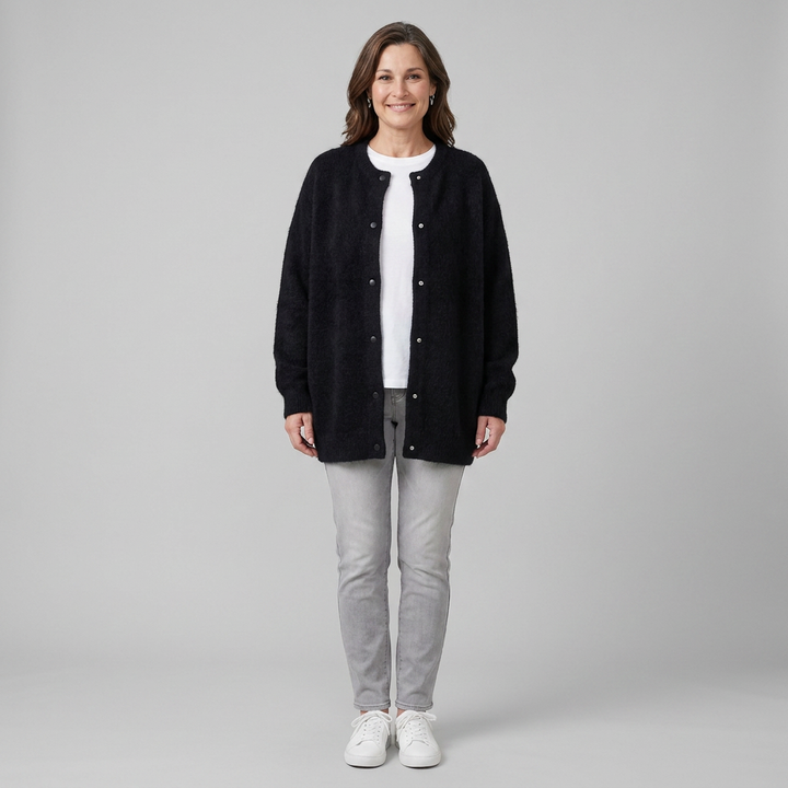 Rivelle knit cardigan black front on model