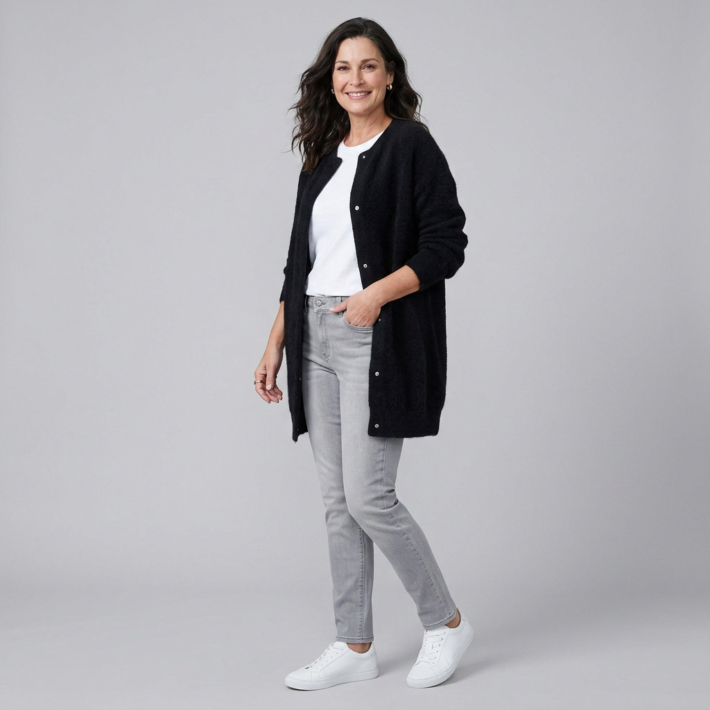 Rivelle knit cardigan black three-quarter pose on model