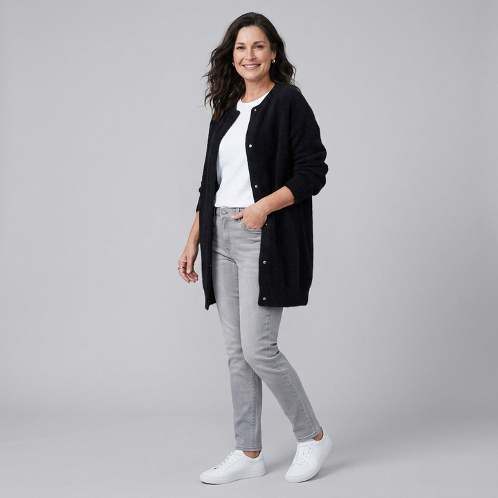 Rivelle knit cardigan black three-quarter pose on model