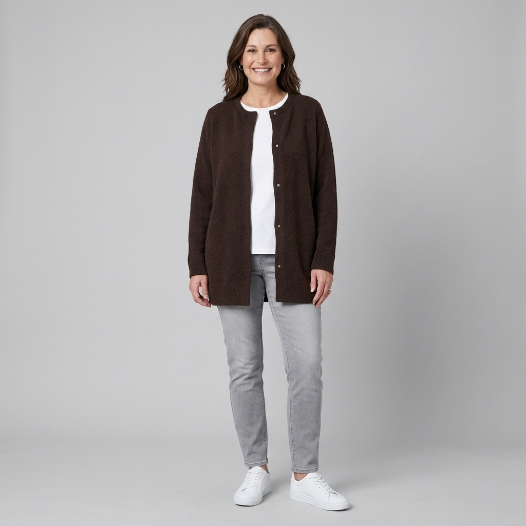 Rivelle knit cardigan brown front on model