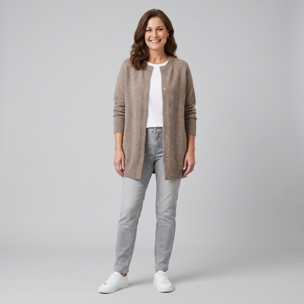 Rivelle knit cardigan light brown front on model