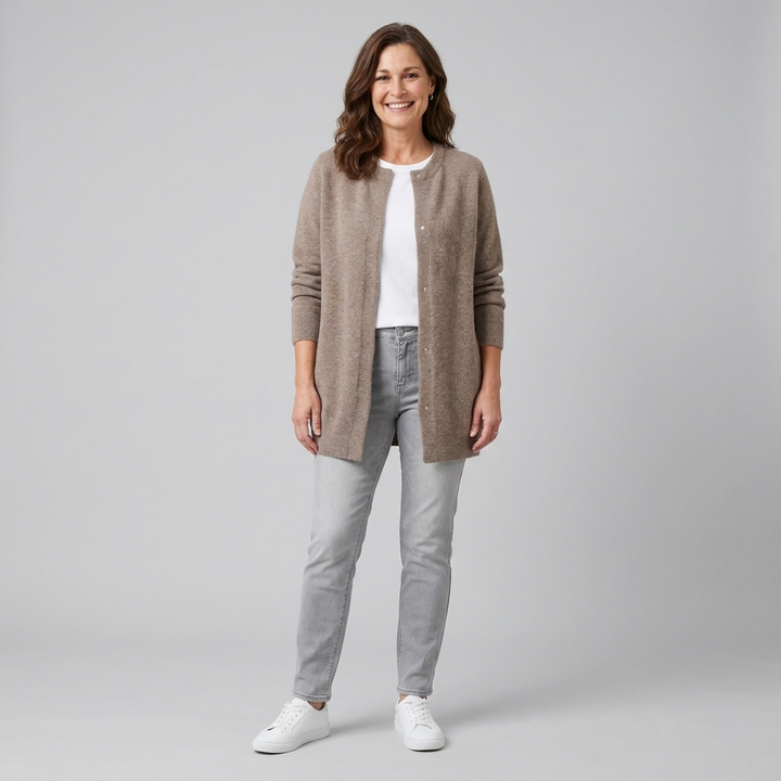 Rivelle knit cardigan light brown front on model