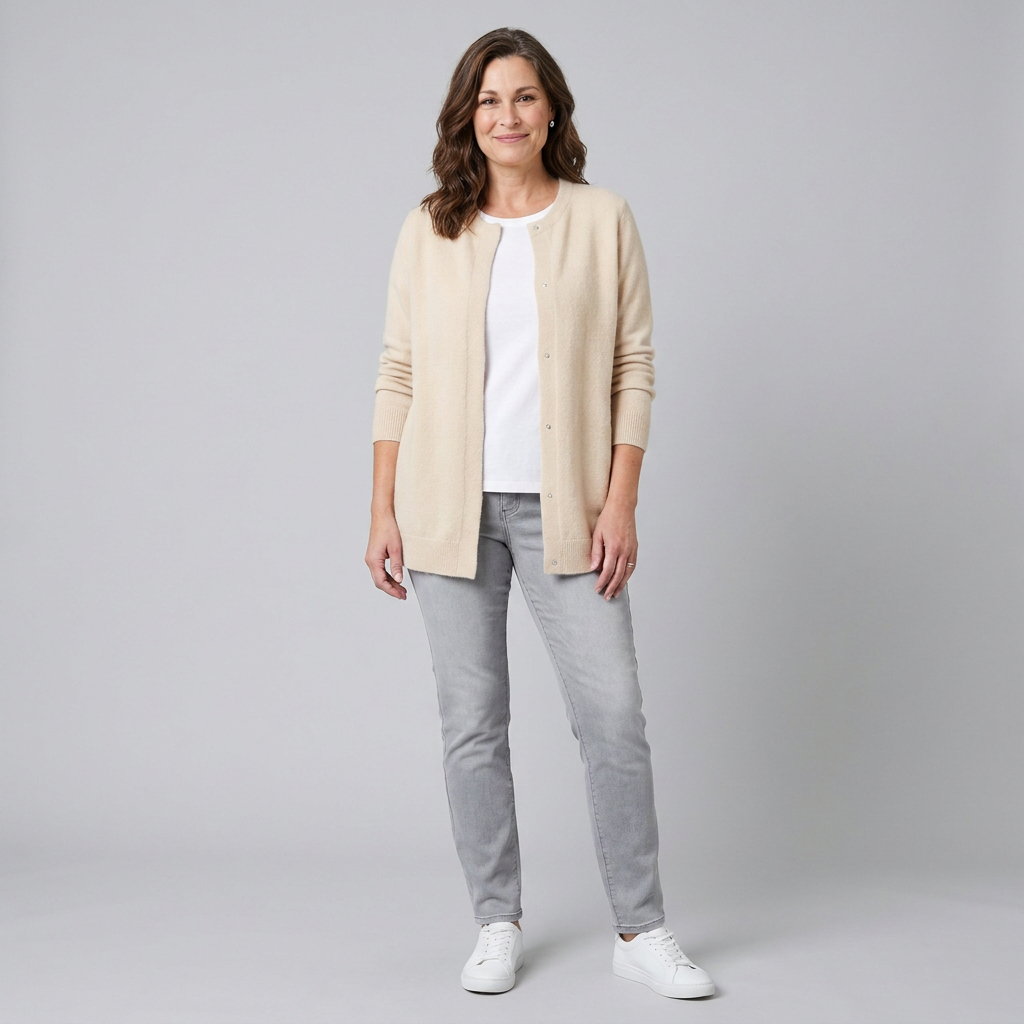 Rivelle knit cardigan beige front on model