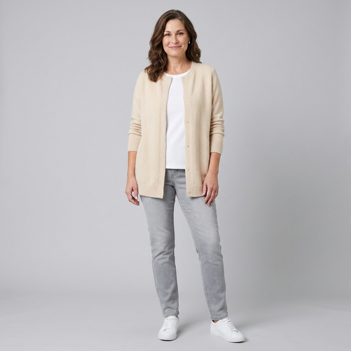 Rivelle knit cardigan beige front on model