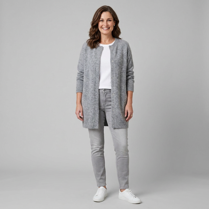 Rivelle knit cardigan gray front on model