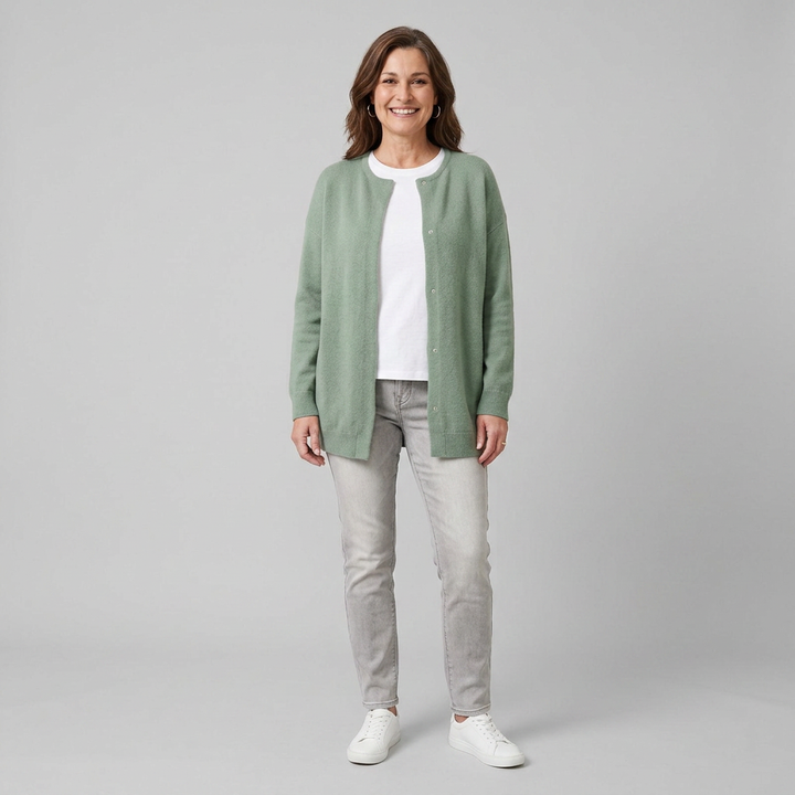 Rivelle knit cardigan sage green front on model