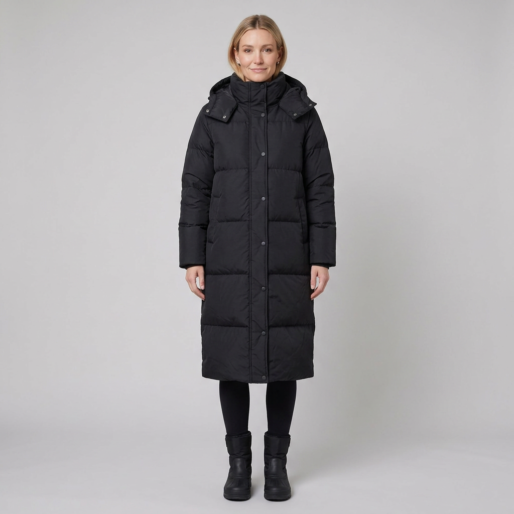 Liora long puffer coat black front on model