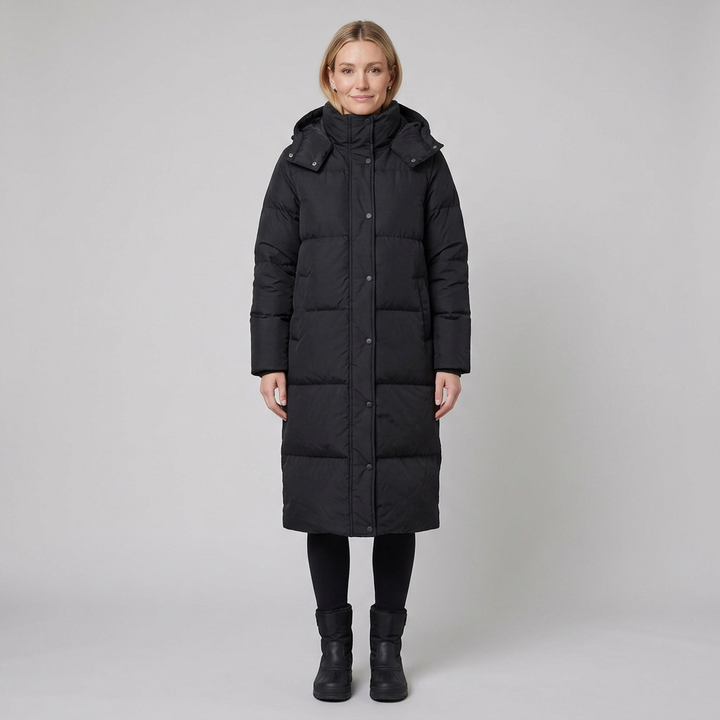 Liora long puffer coat black front on model